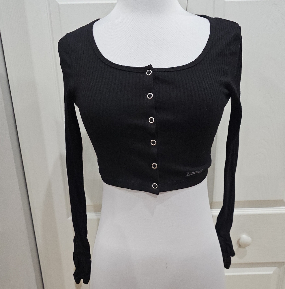 Dolls Kill Poster Grl Nothing But Trouble Henley Lounge Black Snap Top XS S